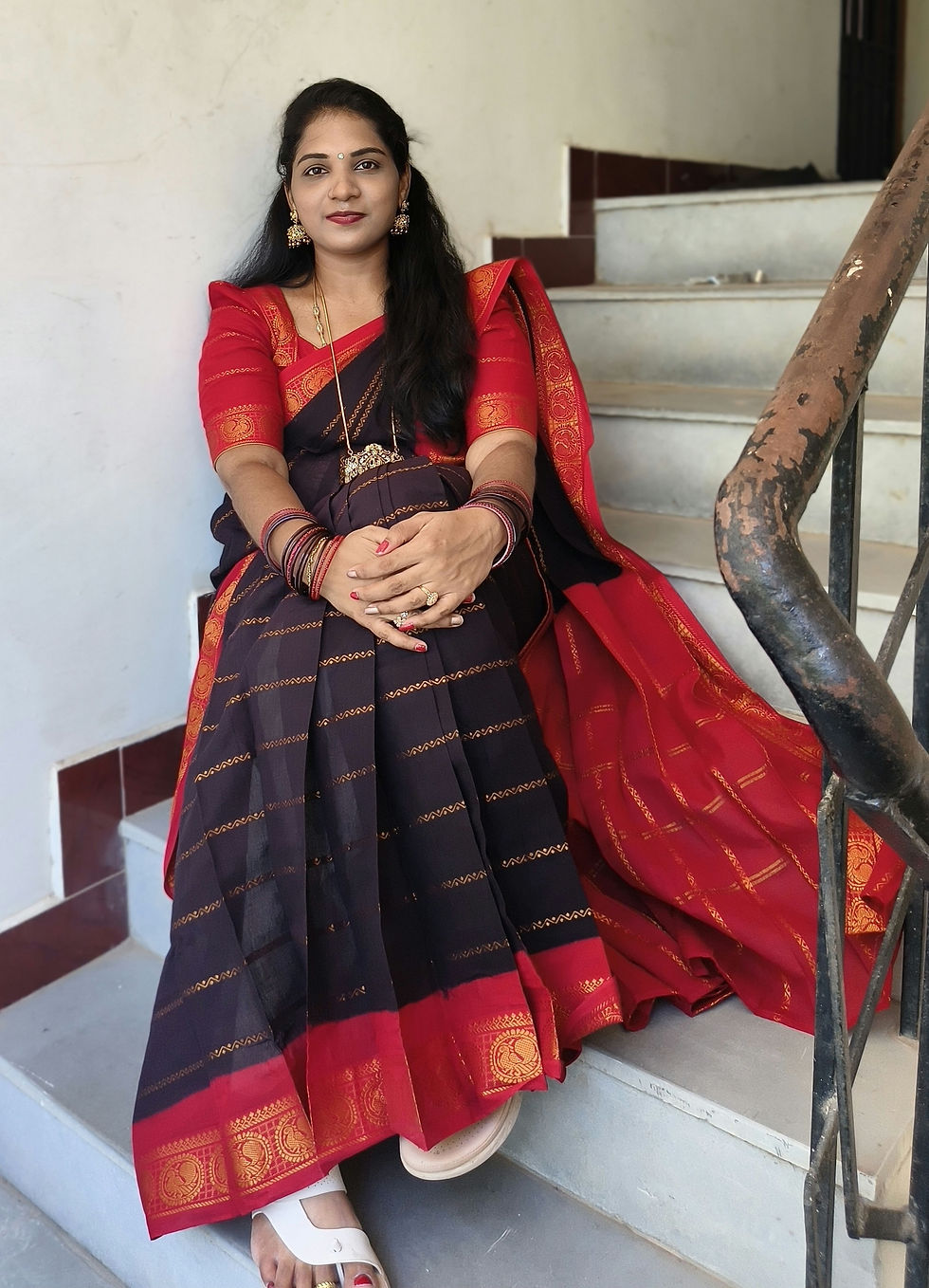 Thumbnail: TVS001 – Sungudi Cotton Saree Black With Orange