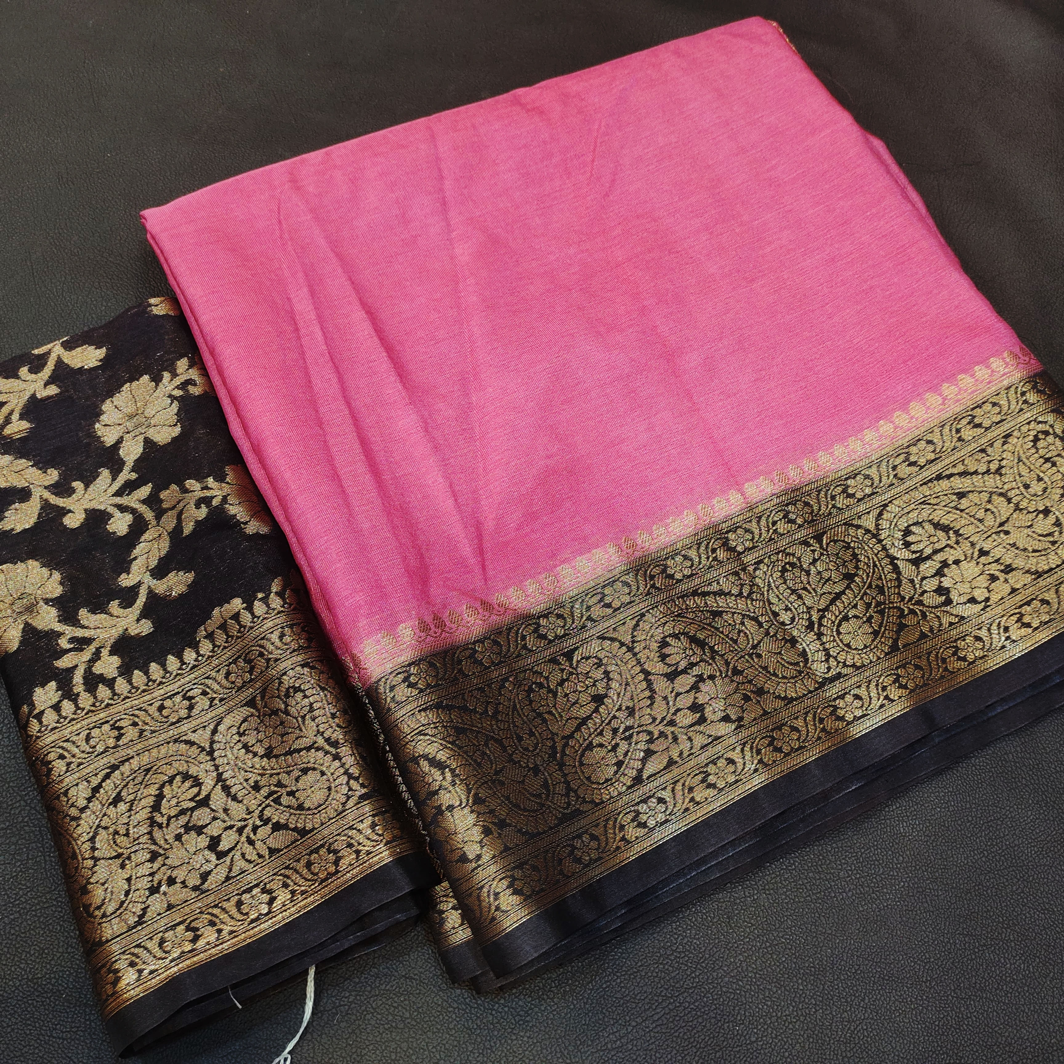 Dupion warm silk saree Pink with Black