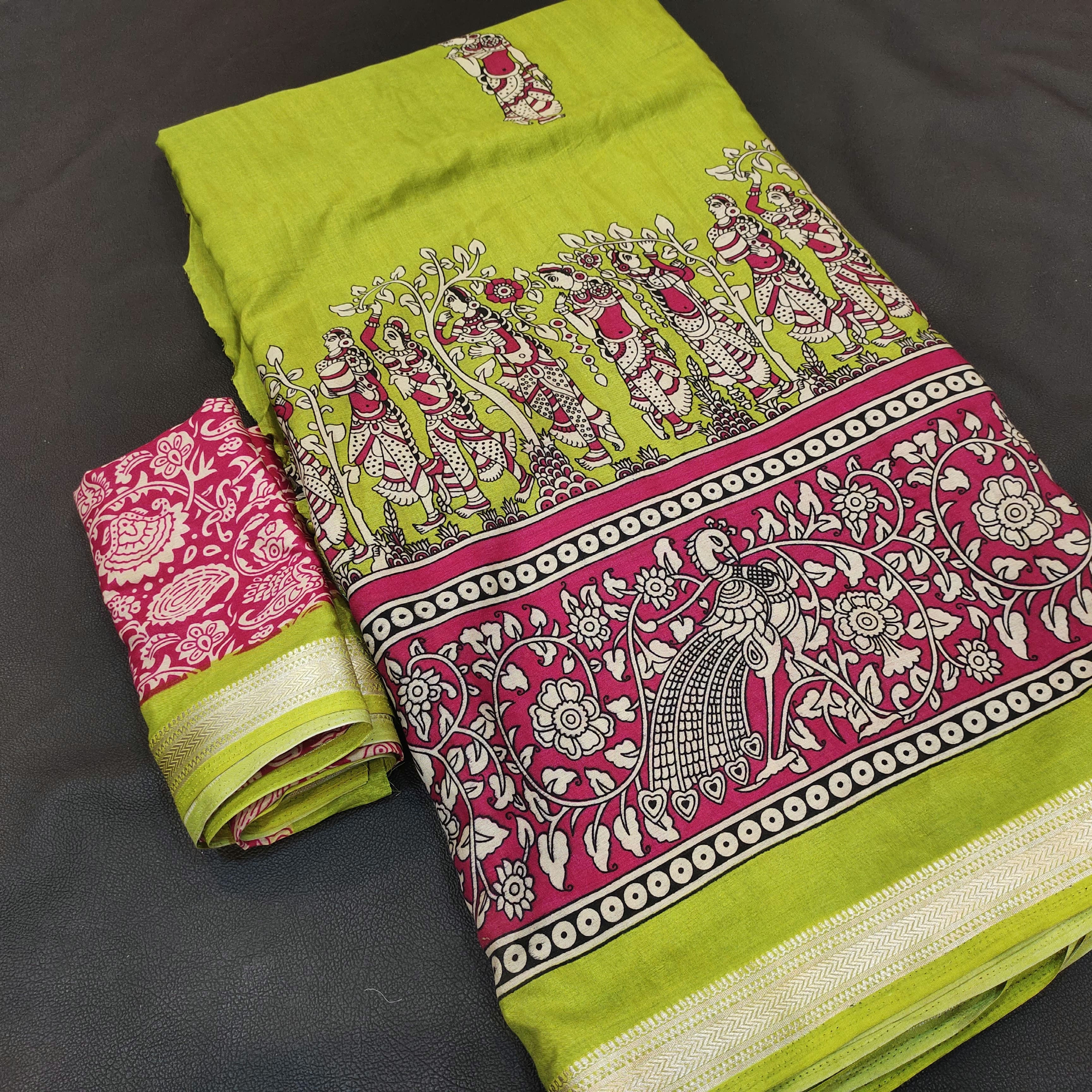 Green with pink kalamkari crape silk 