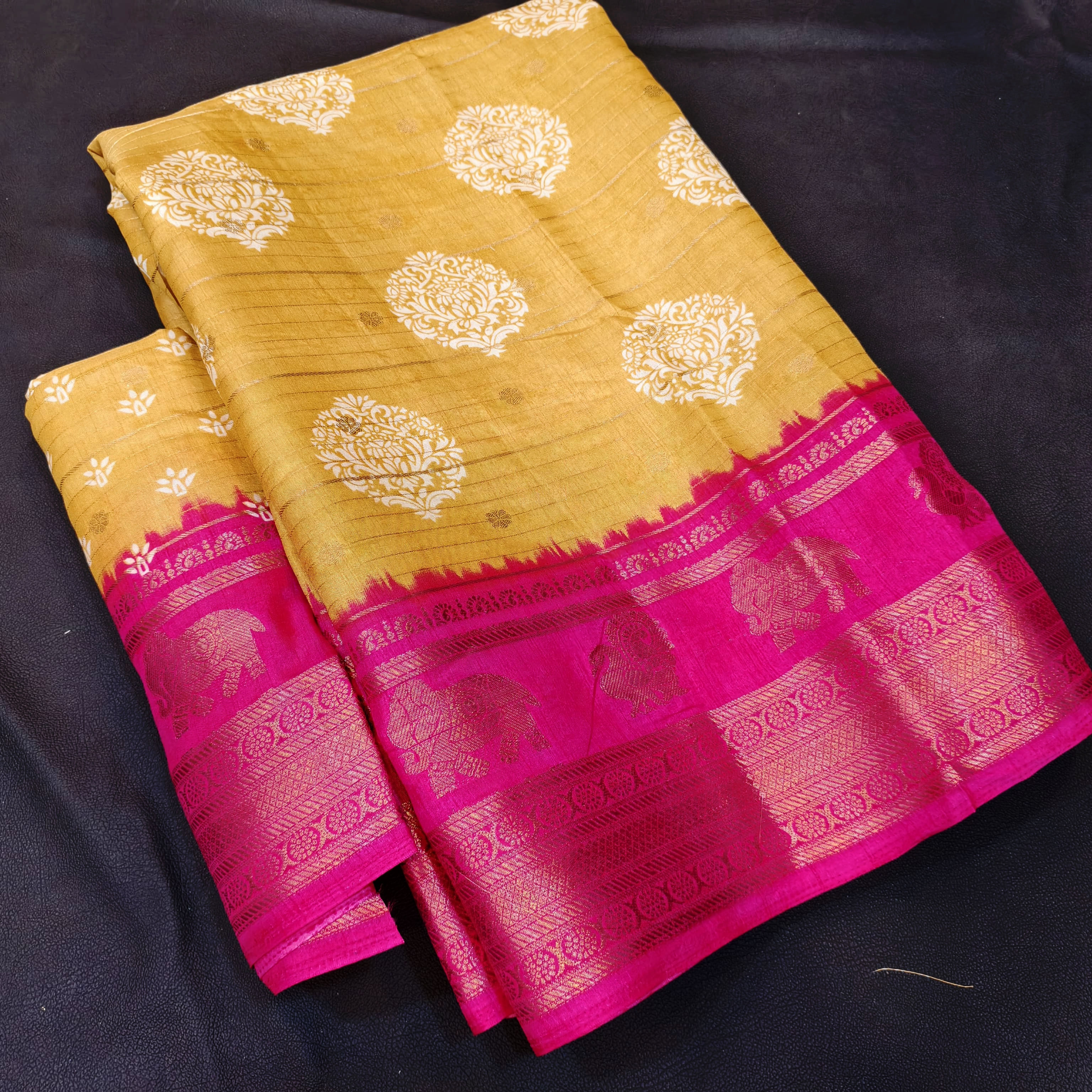 BINNY CRAPE SILK SAREE YELLOW WITH PINK COLOUR