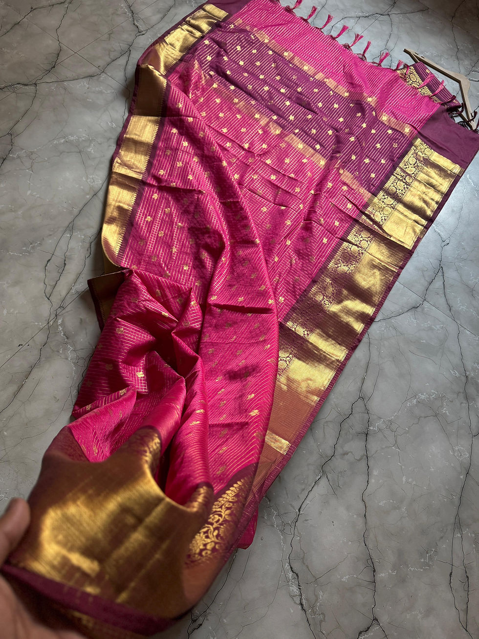 Thumbnail: TCB002--Dark pink with Brown  colour semi Banarasi saree