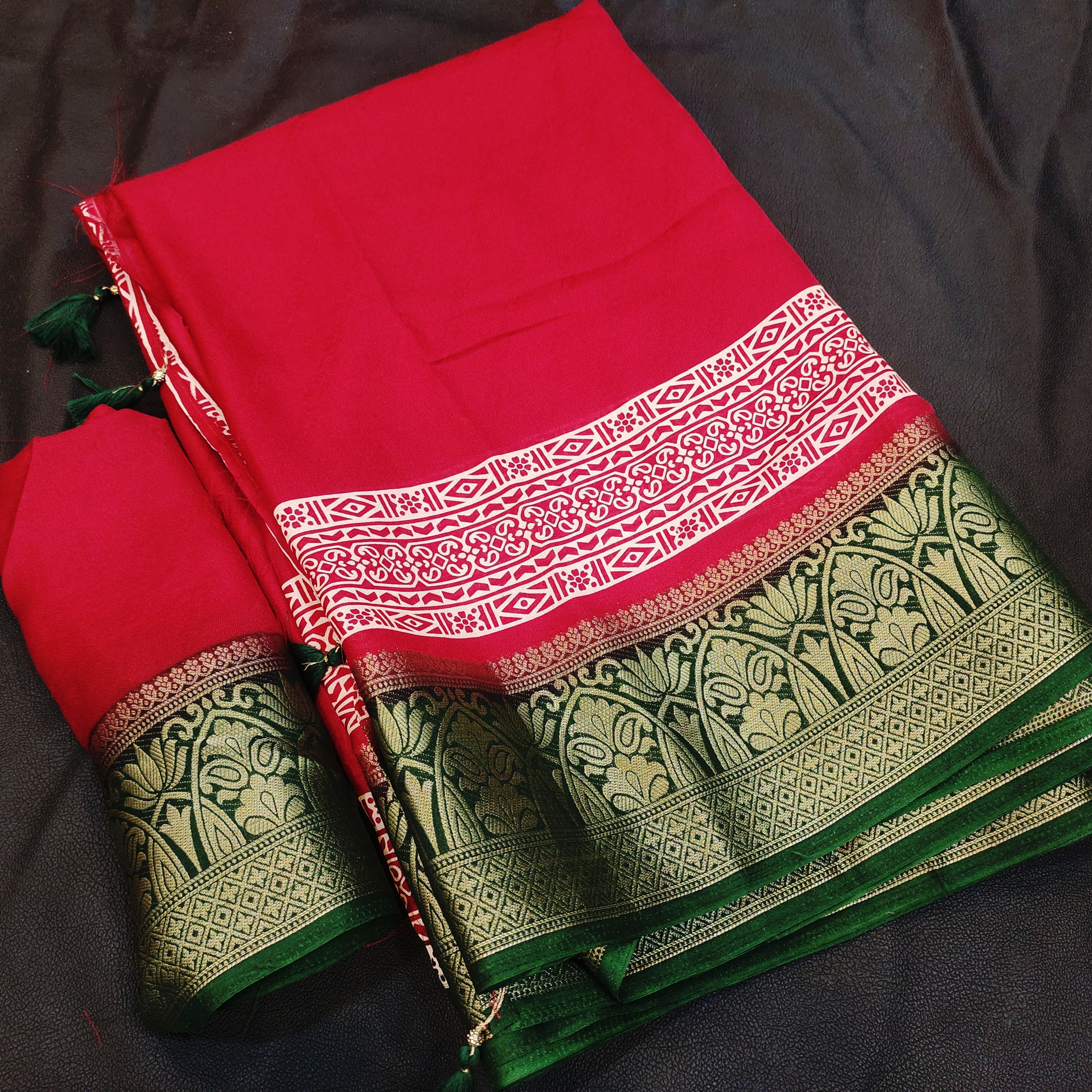 CHIFFON SAREE RED WITH GREEN COLOUR