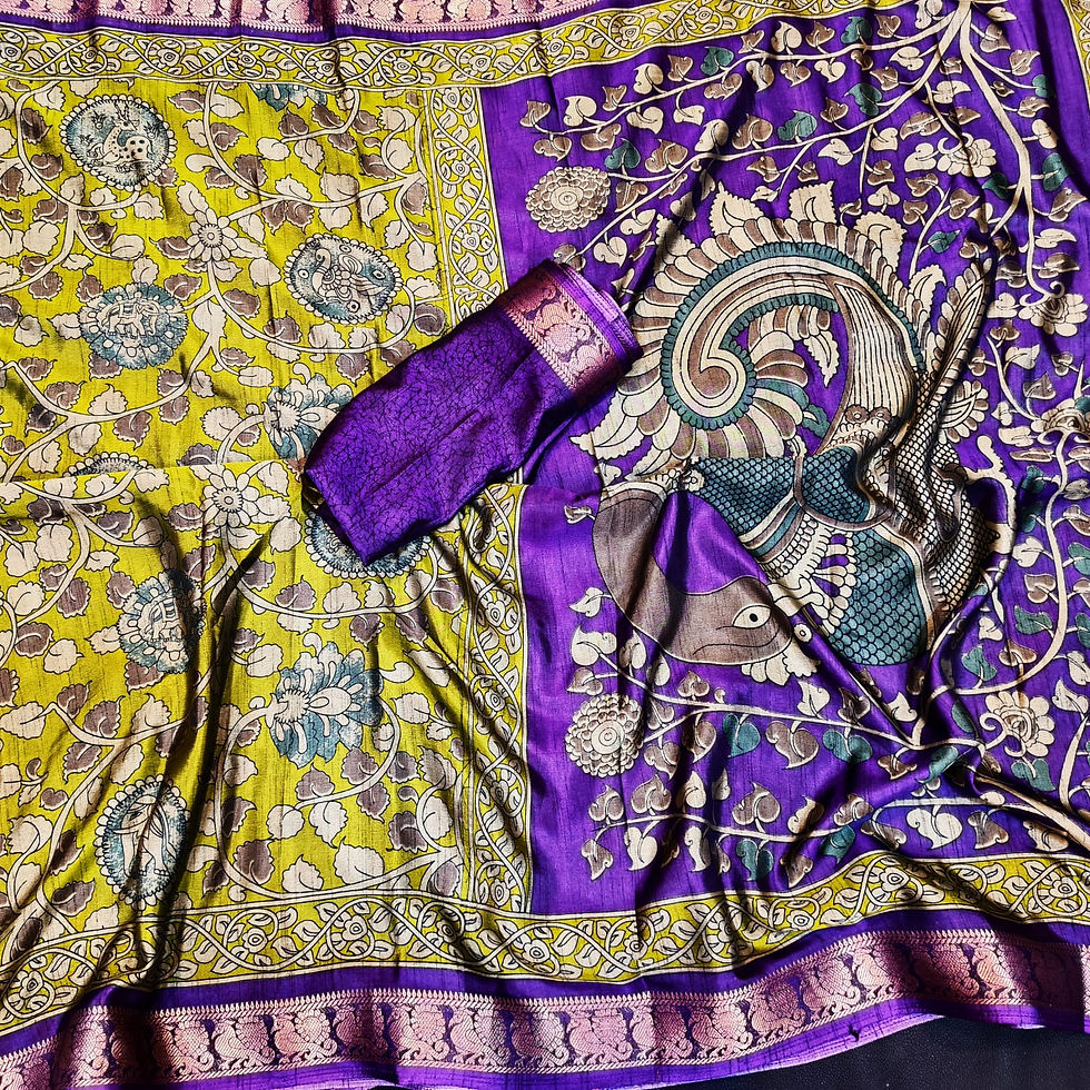 Thumbnail: BINNY CRAPE SILK GREEN WITH PURPLE BORDER