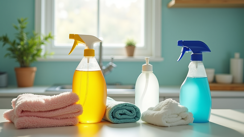 Close-up view of cleaning supplies arranged neatly on a countertop