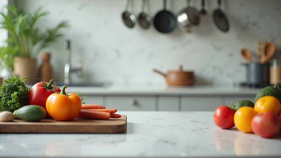 Close-up view of a sparkling clean kitchen with organized utensils and fresh ingredients