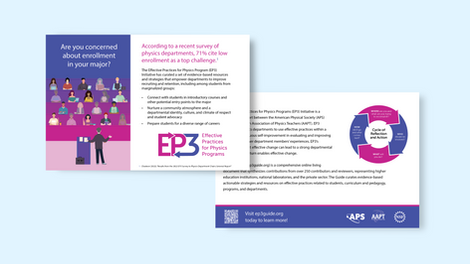 Cover image for the Effective Practices for Physics Programs brand design highlighted as a double sided branded card. Card show both the logo, brand colors, and customized branded illustrations. Card is shown on a light blue background.