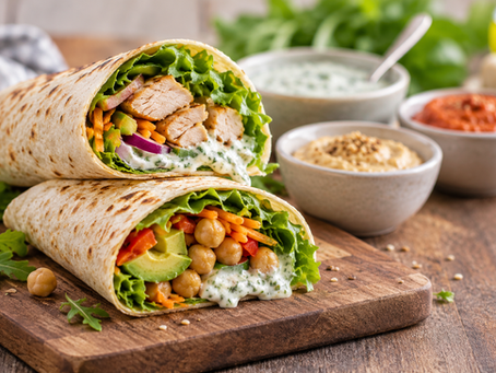 Wraps maison au poulet et végétariens avec légumes frais et sauces maison