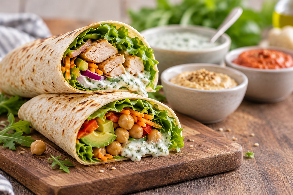 Wraps maison au poulet et végétariens avec légumes frais et sauces maison