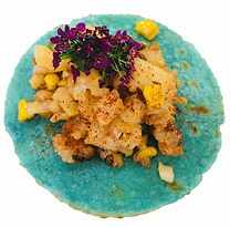 Deconstructed Elote on a Blue Corn Tortilla