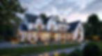 An elegant white farmhouse with black windows stands proudly in an upscale development, surrounded by manicured lawns and blossoming gardens. The meticulous craftsmanship is evident in every detail, from the charming porch to the pitched roof. The 2020 GMC Sierra 1500 Denali in the driveway adds a touch of luxury. As the sun sets, the facade is bathed in warm hues, creating a picturesque scene. The contractors' diligent work is showcased in the carefully chosen materials and precise construction. Photographed by Helmut Newton, using a Canon EOS-1D X Mark III with a wide-angle lens, the lighting is a combination of soft ambient light and subtle spotlights, highlighting the architectural beauty.