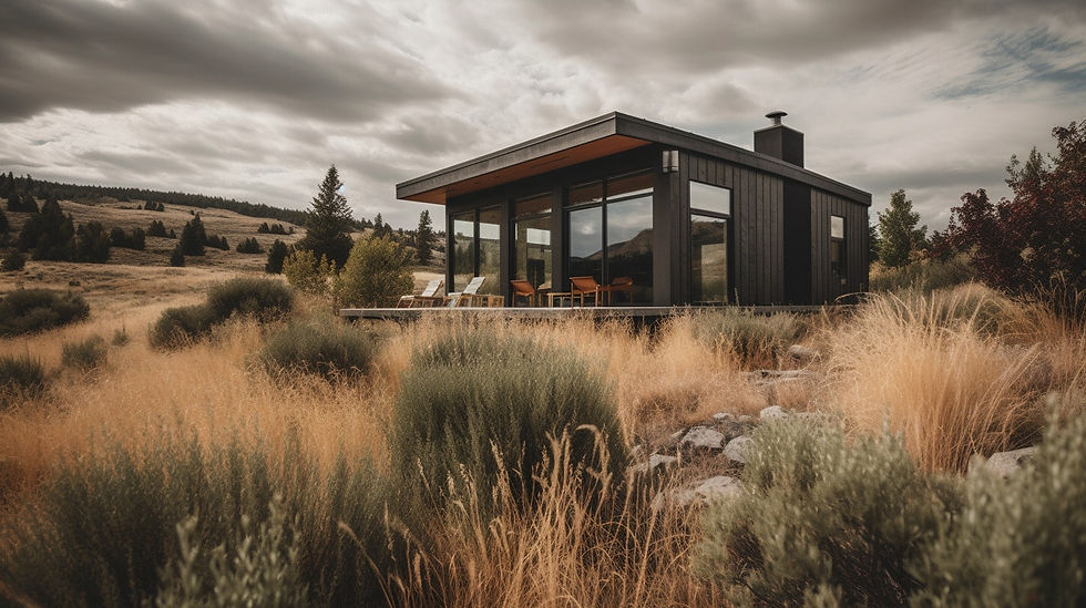 home in field with dark siding