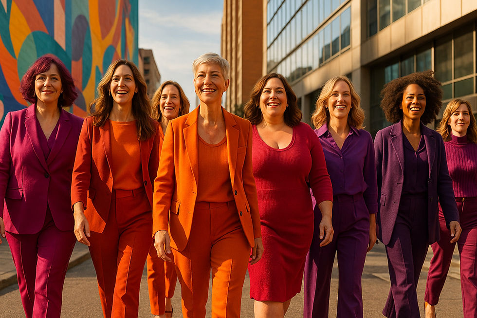 Acht Frauen zwischen 35 und 55 Jahren in kräftigen Outfits gehen selbstbewusst durch eine moderne Stadtstraße. Sie verkörpern Vielfalt, Freude und Aufbruch in den Wechseljahren. Das Bild zeigt Stärke, Zusammenhalt und positive Energie in dieser Lebensphase der Frauengesundheit.
