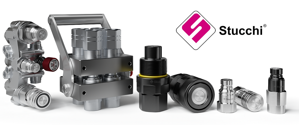 Close-up view of Stucchi hydraulic quick release coupling on industrial equipment