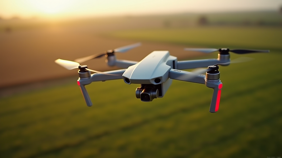 High angle view of a drone capturing aerial images over farmland