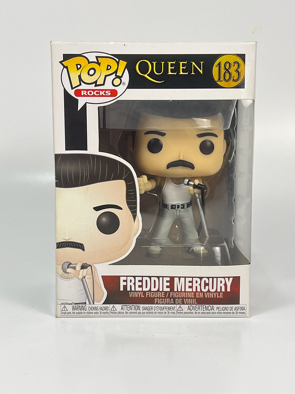 Freddie Mercury #183 Funko Pop figure in yellow jacket from Wembley performance.