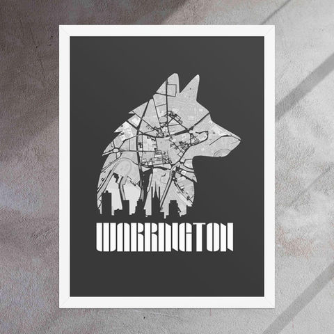Warrington poster which shows a map silhouette inside a shape of a wolf. The wolf symbolises the Warrington Wolves.
