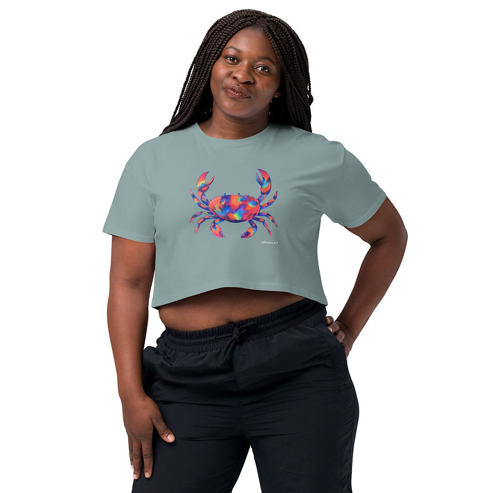 Model wearing a mineral-colored women’s crab crop top