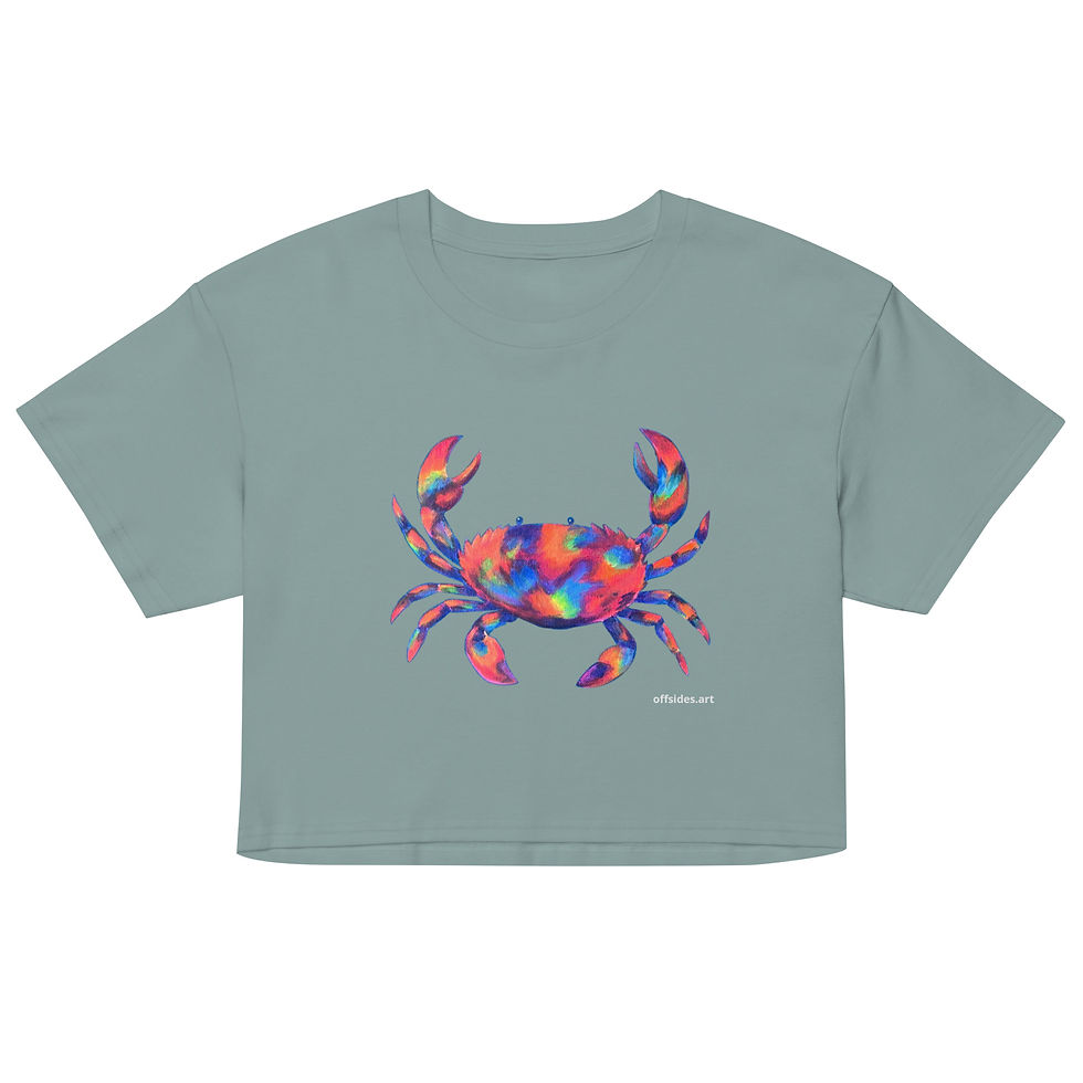 Front view of women’s tie-dye crab crop top in mineral color featuring original artwork by Mark Wieder