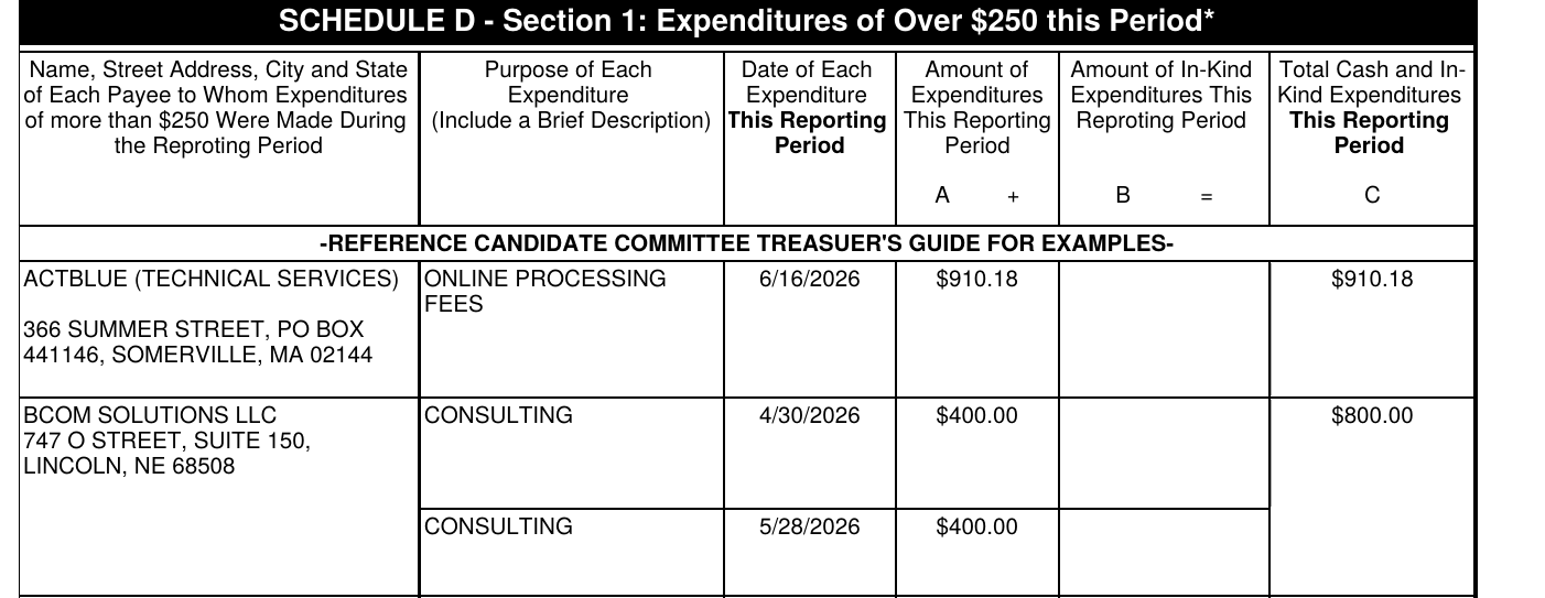 NADC Schedule D: BCom Solutions LLC, 747 O Street, Suite 150, Lincoln, consulting, $400 on 4/30/2026 and $400 on 5/28/2026, $800 total