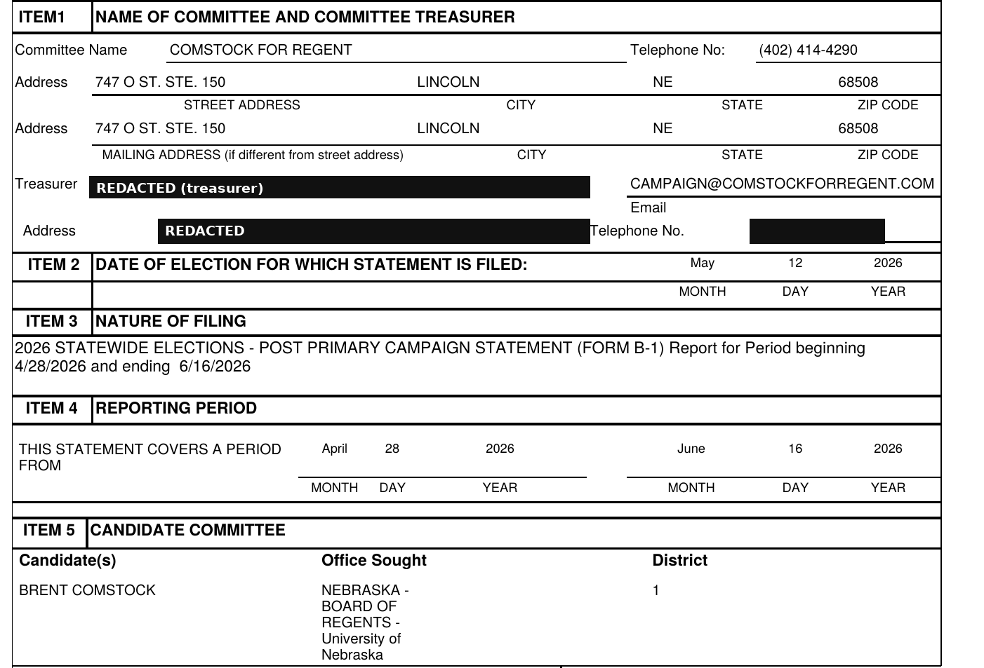 NADC Form B-1 cover page: Comstock for Regent, 747 O St. Ste. 150, Lincoln, NE 68508; candidate Brent Comstock, Board of Regents, University of Nebraska, District 1
