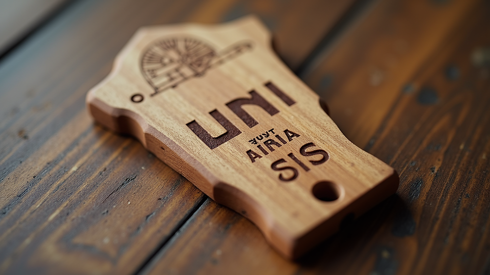 Augenhöhe Ansicht eines Holz-Schlüsselanhängers mit eingraviertem Namen und Symbol