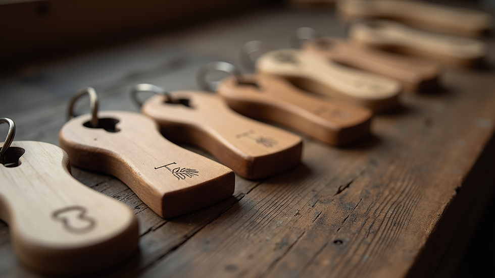 Augenhöhe Ansicht von verschiedenen Holz Schlüsselanhängern mit unterschiedlichen Gravuren