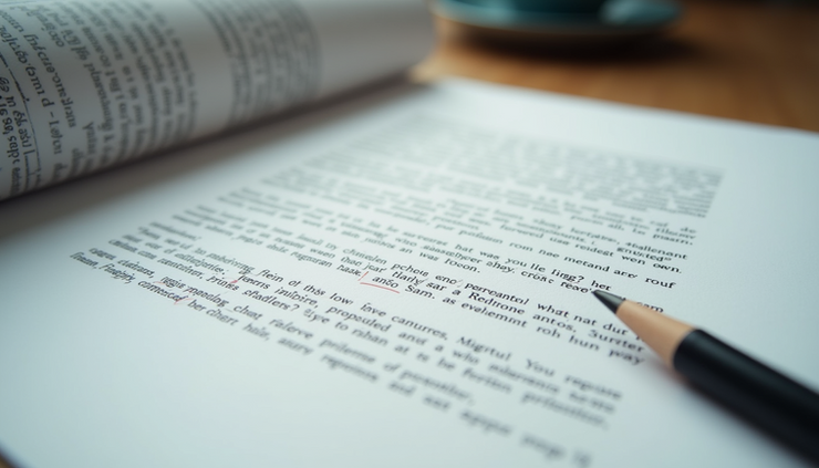 Close-up view of a printed story draft with handwritten notes and edits