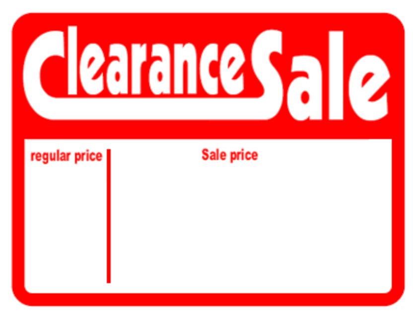 Red Clearance Sale sign advertising price reductions; Sale price and regular price.