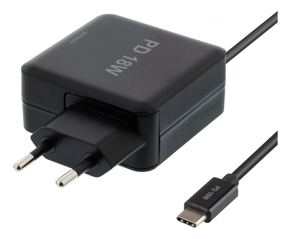 DELTACO 18W USB-C Laptop charger, PD 2.0, 3A, black