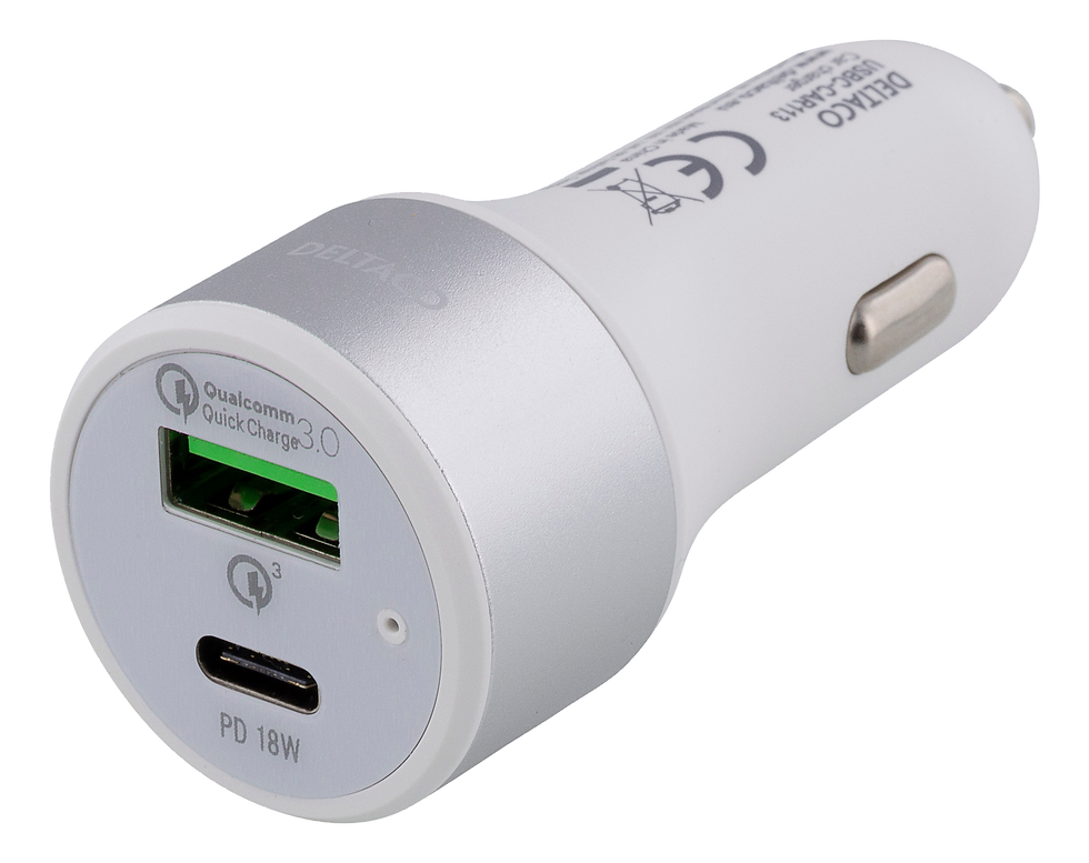 DELTACO Car Charger, USB-C, 36W, USB-C PD, QC 3.0, 12-18V DC, white