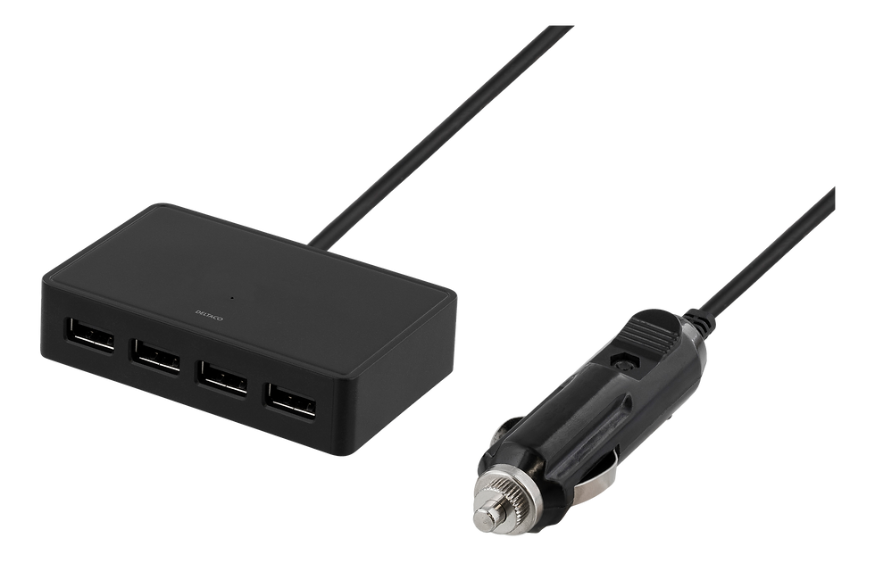 DELTACO USB ladestasjon til bilen, 4xUSB Typ A 7,2A, svart