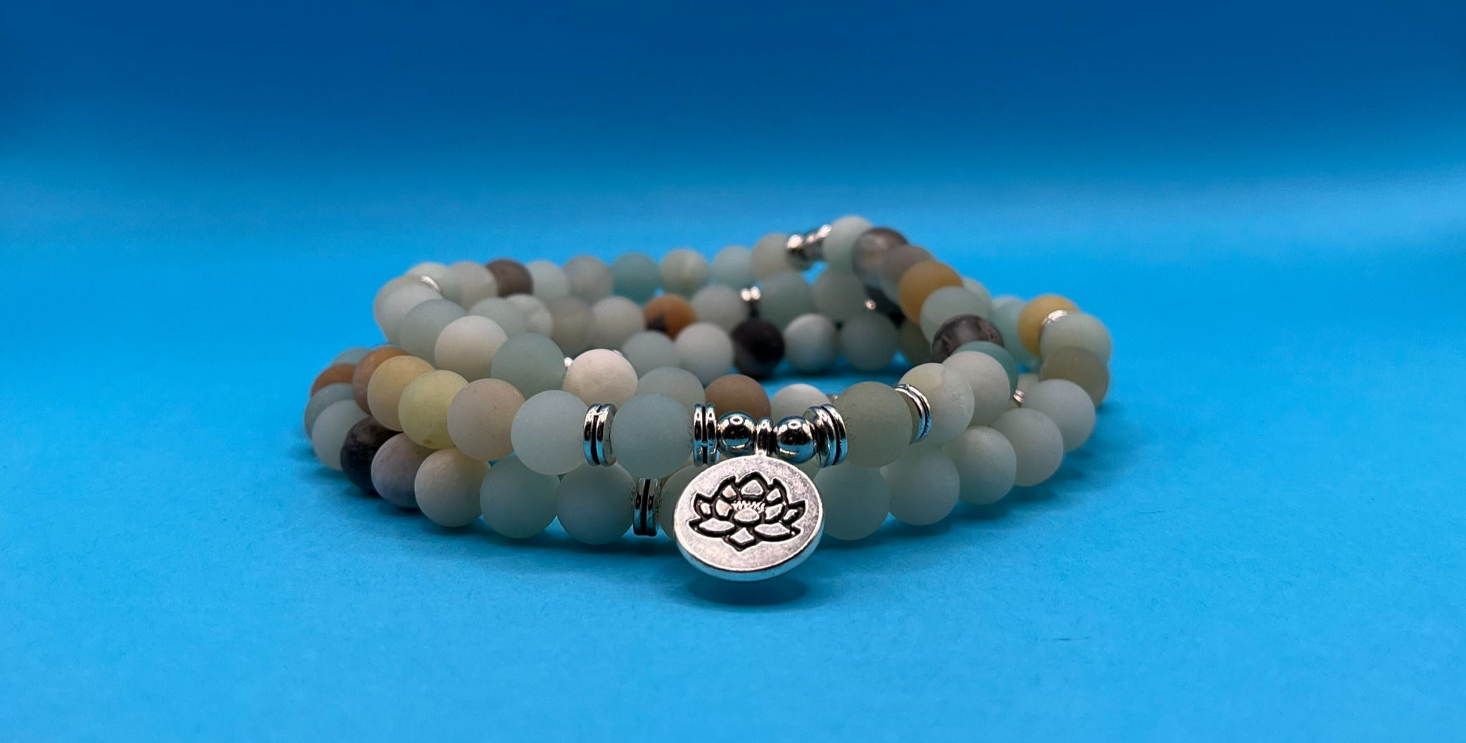Amazonite Meditation Healing Mala Beads W/Lotus Symbol