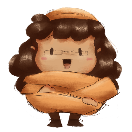A small character in a chibi style is long brown curly hair and an orage headscarf, she's wrapped in a bigger orange scarf and is pointing a hand upwards. She is very small and very cute. Her name is Anwa.