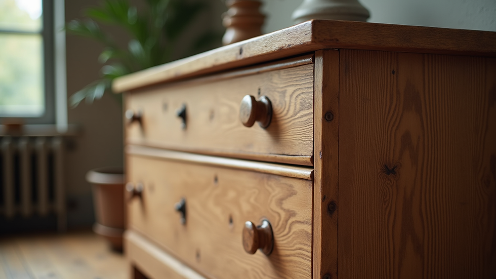Vue rapprochée d'une commode vintage en bois massif avec une patine naturelle
