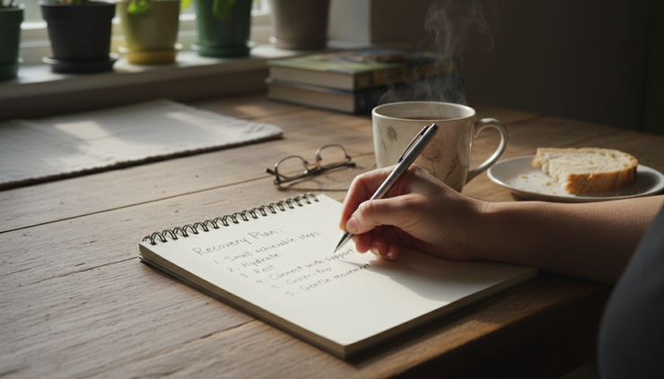 Close-up view of a hand writing a simple recovery plan in a notebook at a kitchen table