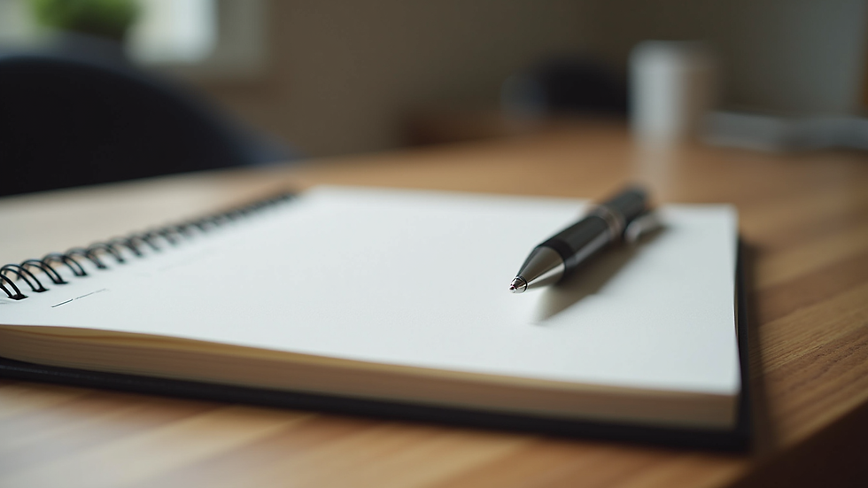Eye-level view of a notebook and pen on a wooden table