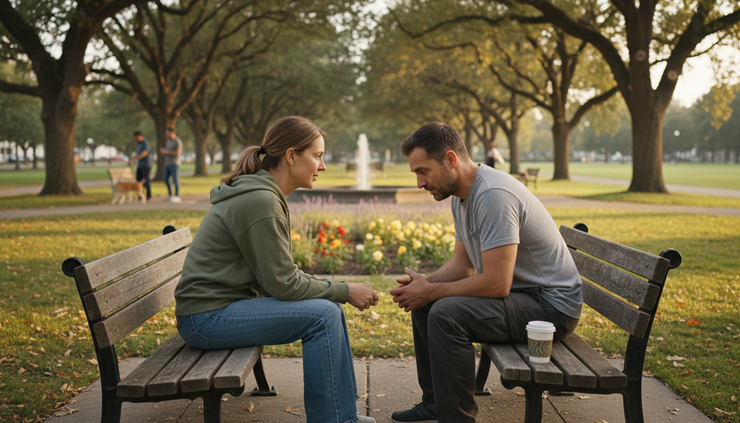 Eye-level view of two people sitting on a park bench during a calm recovery conversation