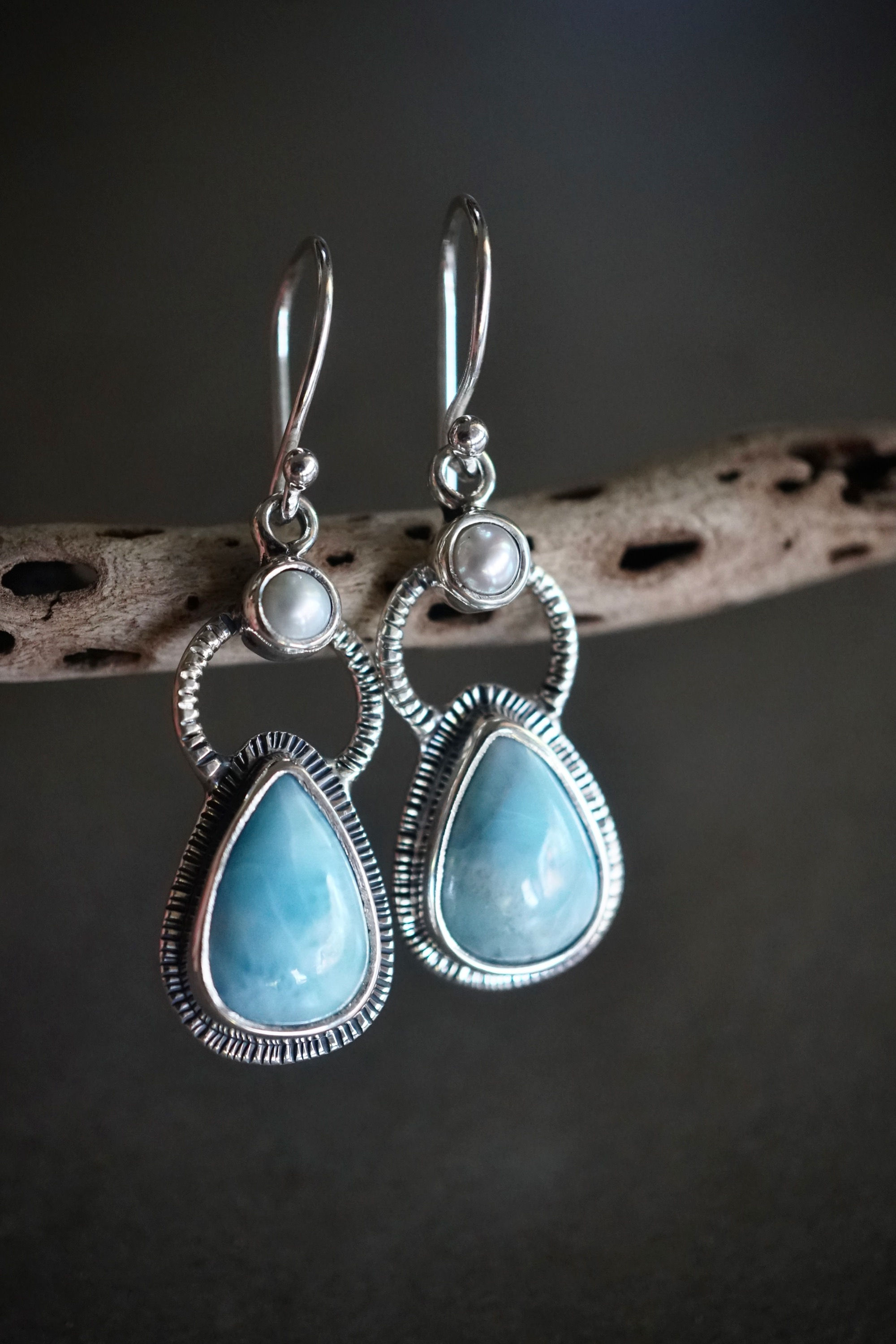 Larimar and Fresh Water Pearl earrings 