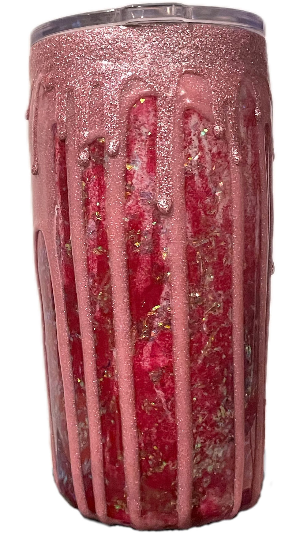 A fun and relatable 20oz "Housework Won't Kill You" tapered tumbler, perfect for the busy individual.  This back view shows the sparkly pink resin drips running from top to bottom.  A humorous and stylish way to stay hydrated!
