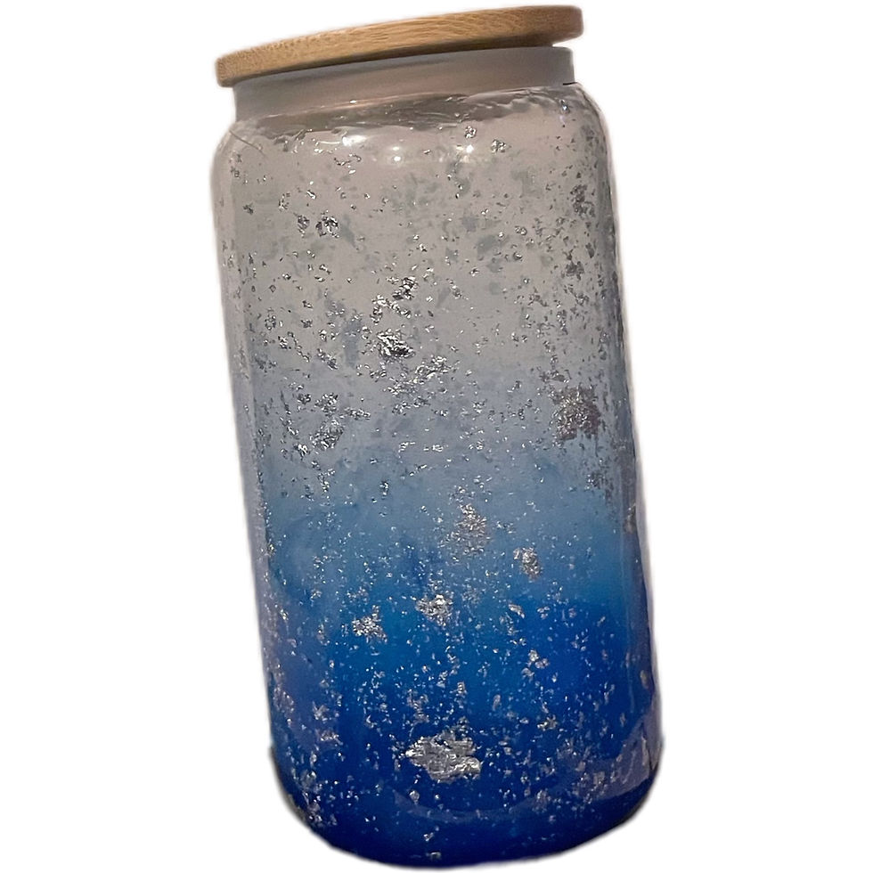 Sparkling 18oz glass with a mesmerizing blue ombre and dazzling silver flakes.