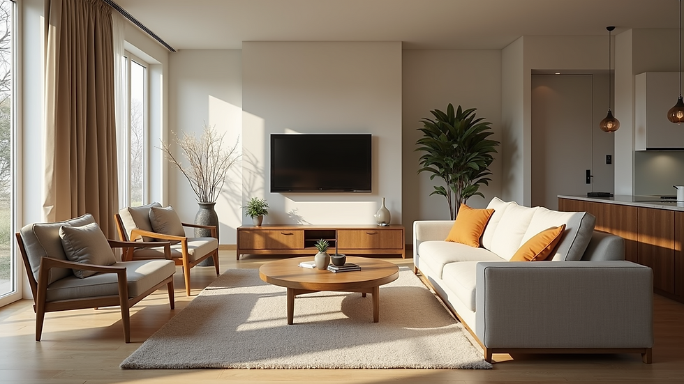 Eye-level view of a cozy vacation rental living room with modern decor