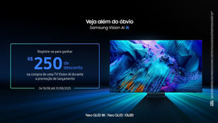 TV Vision AI 2025 da Samsung exibindo promoção de pré-registro com desconto exclusivo