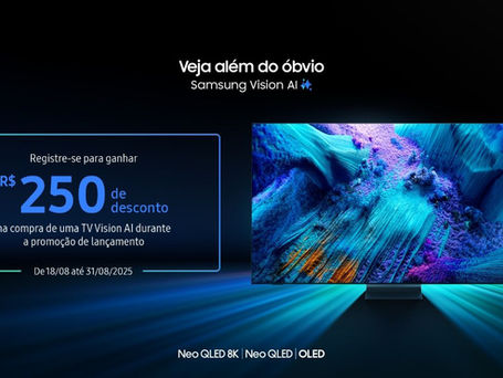 TV Vision AI 2025 da Samsung exibindo promoção de pré-registro com desconto exclusivo