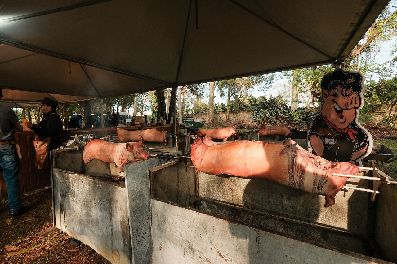 Estação gastronômica com cortes de carne no Brasa Festival