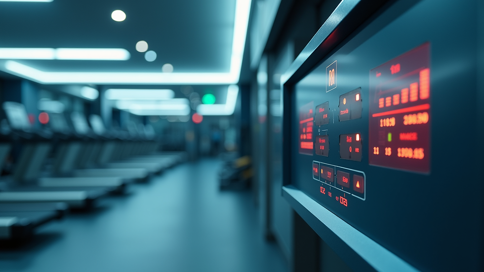 Eye-level view of a high-end aquatic treadmill control panel in a fitness center
