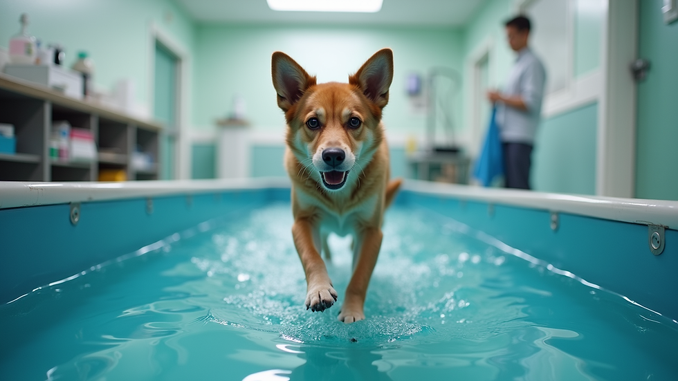 Close-up view of a dog walking on an aquatic treadmill in a veterinary clinic