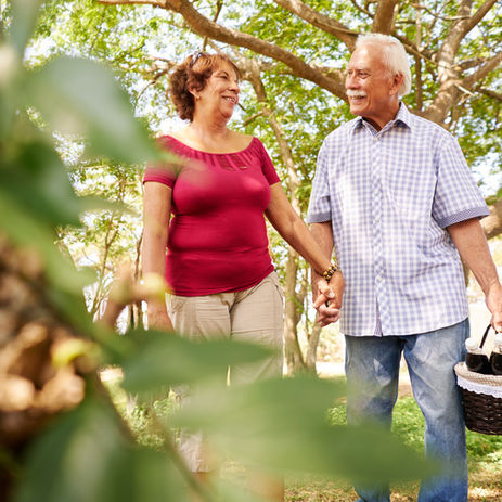 Older Latino couple holding hands and enjoying a stroll outside in nature.