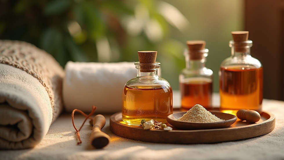Close-up view of Ayurvedic Panchakarma therapy setup with herbal oils and massage tools
