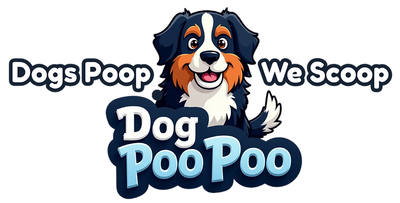 Dog Poo Poo logo featuring cartoon Bernese Mountain Dog mascot for Utah dog poop removal and pet waste cleanup service.