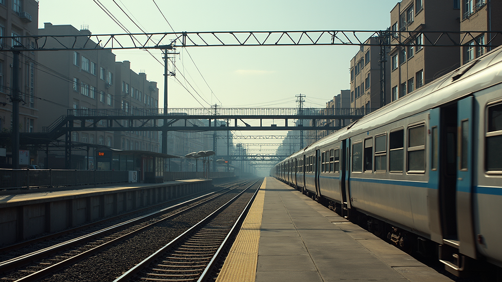 Wide angle view of a train station surrounded by high-density housing